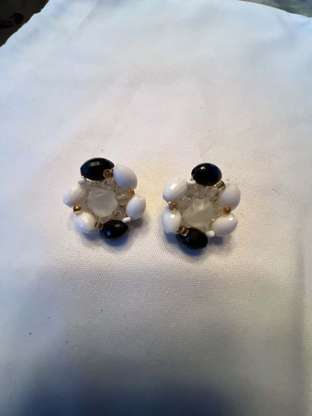 Vintage West Germany Black and White Beaded Cluster Clip-On Earrings